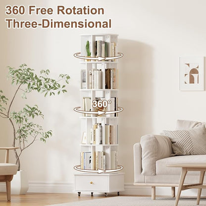 5-Tier Rotating Bookshelf with Drawers on Wheels, 360° Spinning Corner Bookcase - Image 6