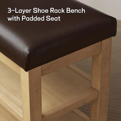 Zihanhome Shoe Rack Bench with Leather Cushion, 2 Tier Solid Wood Storage Bench - Image 7
