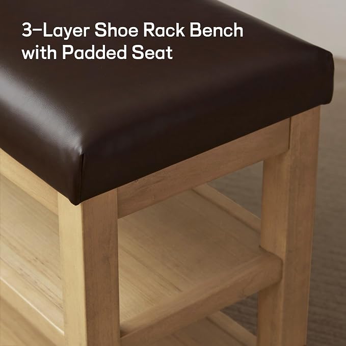 Zihanhome Shoe Rack Bench with Leather Cushion, 2 Tier Solid Wood Storage Bench - Image 8