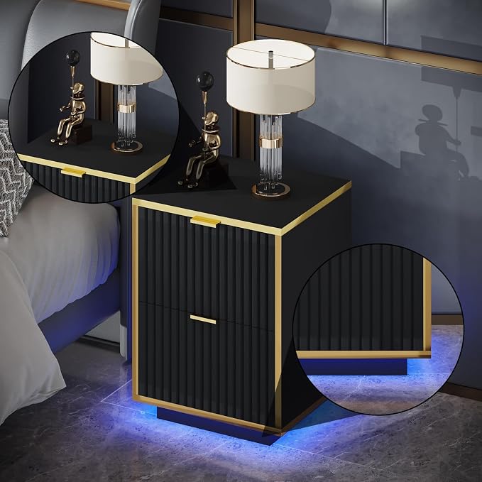 Black Nightstand Set of 2, Fluted End Table - Image 6