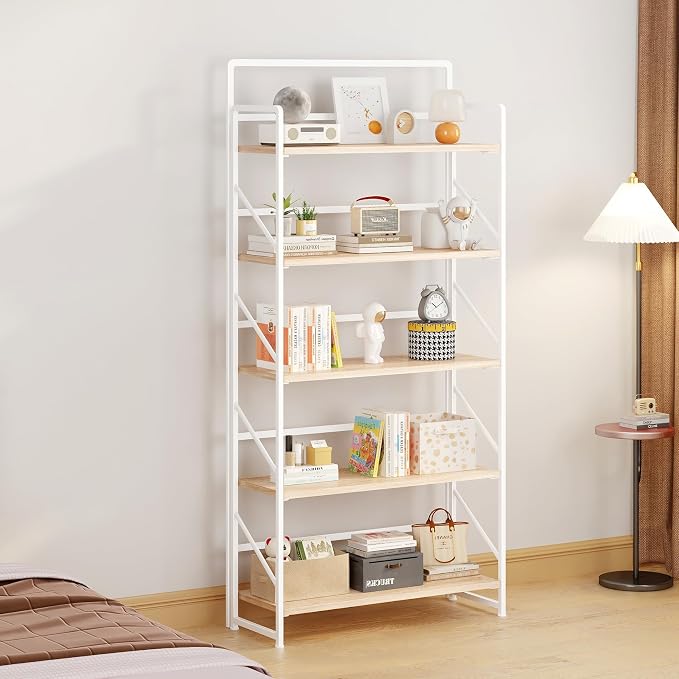 JSB Folding Bookshelf, Industrial Storage Shelves, No Assembly Vintage Wood - Image 4