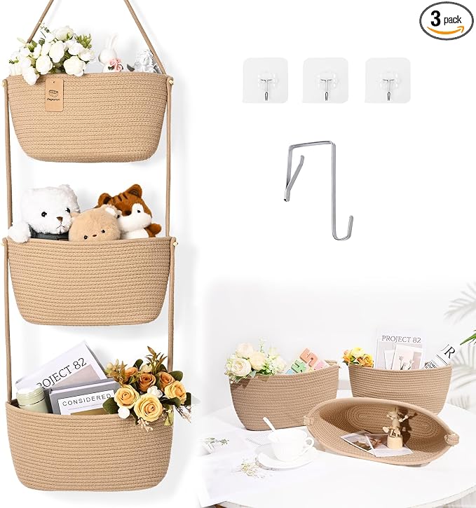 Hanging Basket, 3-Tier Woven Wall Basket by Degeyoyo