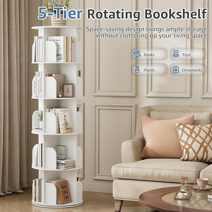 DUMOS 5 Tier Rotating Bookshelf Tower, Study Spinning Bookshelf - Image 3