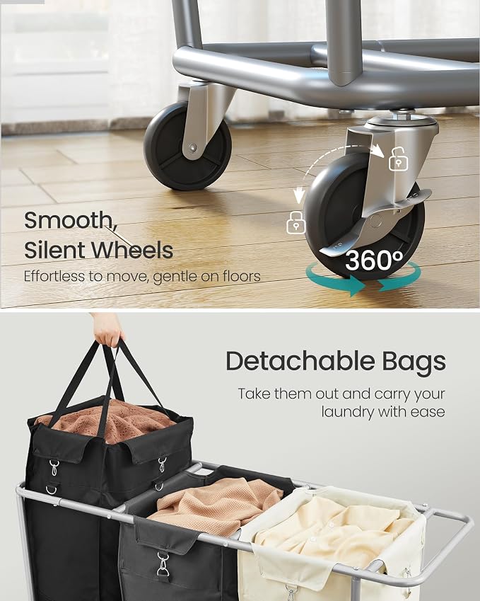 SONGMICS Laundry Basket with Wheels, 3-Section Laundry Sorter, 76.6 Gallons - Image 5