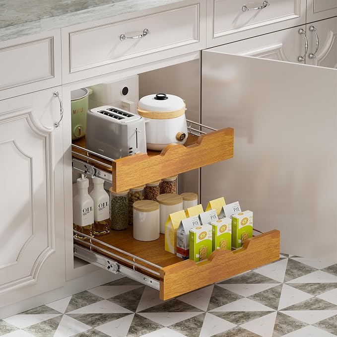 DINDON 2 Tier Pull Out Cabinet Organizer Slide Out Wood Shelf Double Tier - Image 4