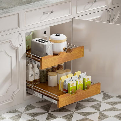 DINDON 2 Tier Pull Out Cabinet Organizer Slide Out Wood Shelf Double Tier - Image 4