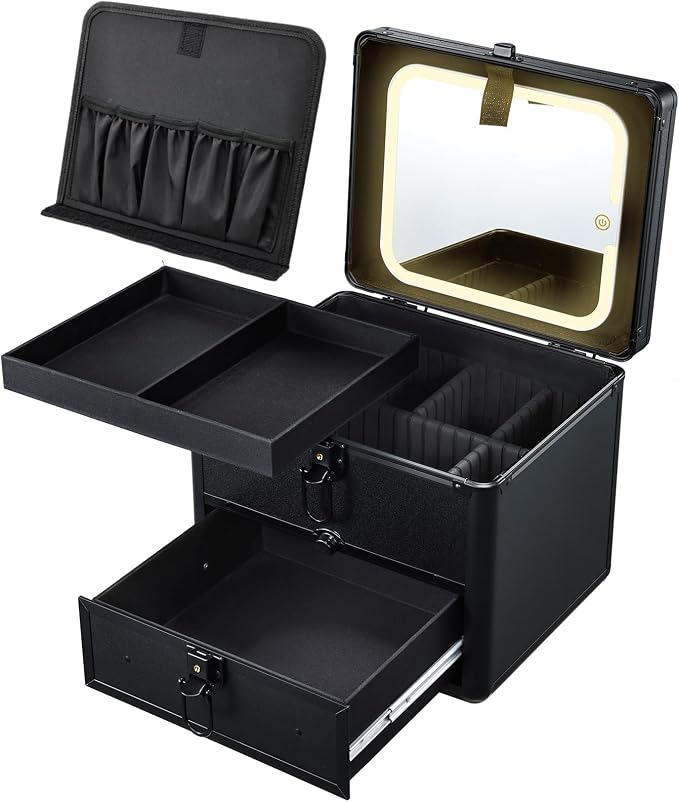Makeup Case with Drawer, Detachable Lighted LED Mirror, Makeup Organizer Box by Faquenc