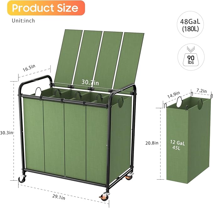Laundry Sorter 4 Sections 48 Gal, Rolling Laundry Basket - Image 2