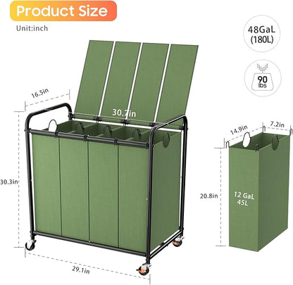Laundry Sorter 4 Sections 48 Gal, Rolling Laundry Basket - Image 2