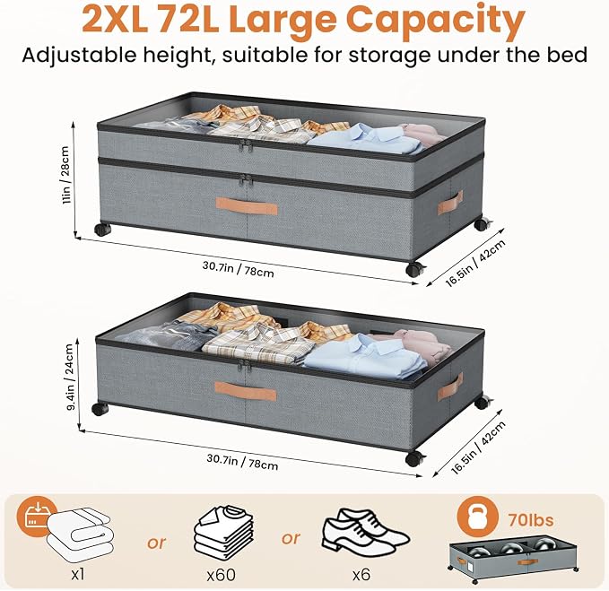 Under Bed Storage with Wheels, 72L XXL Under the Bed Storage Containers Large - Image 2