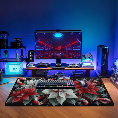 Christmas Flowers Gaming Mouse Pad 35.4"x15.7"Desk Mat Anti-Slip Rubber Base & - Image 9