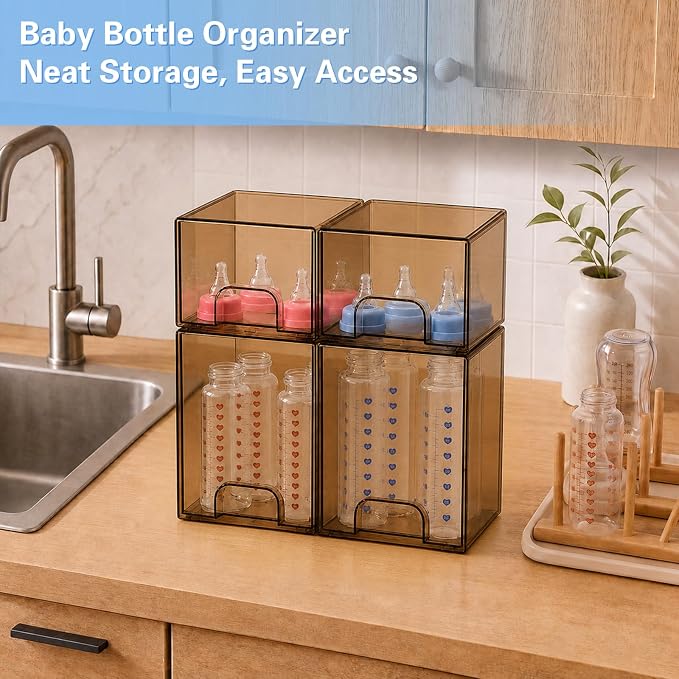 Baby Bottle Organizer, 4 Pack Tea Brown Acrylic Stackable Storage Drawers - Image 3