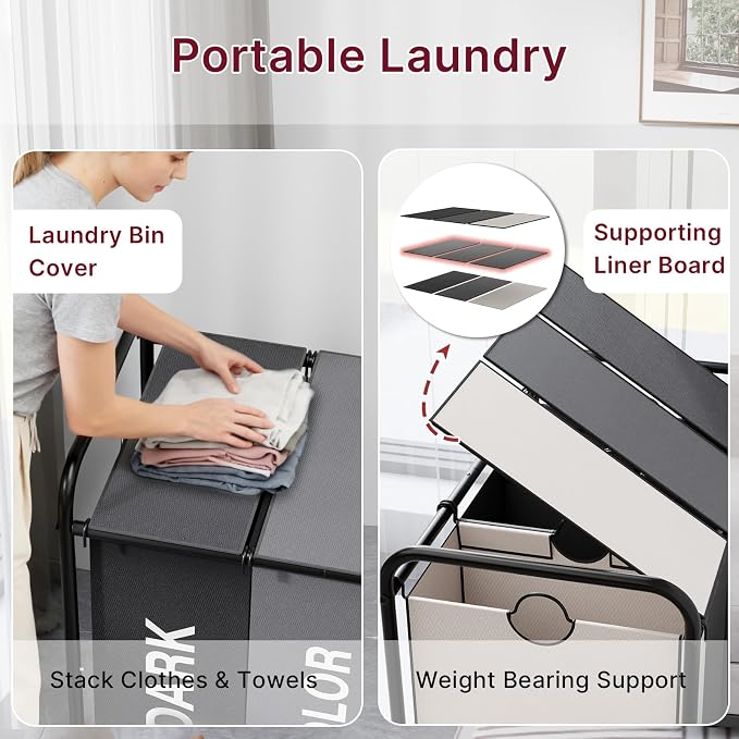 180L Laundry Sorter 3 Section – Heavy Duty Rolling Laundry Basket - Image 4