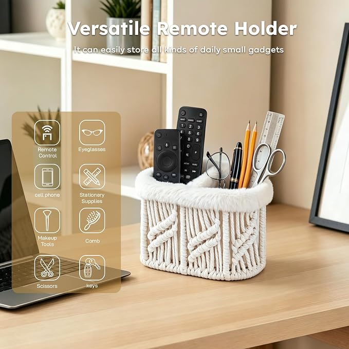 Remote Control Holder, Woven Plush Lined TV Remoter Holder Caddy | Nightstand - Image 4