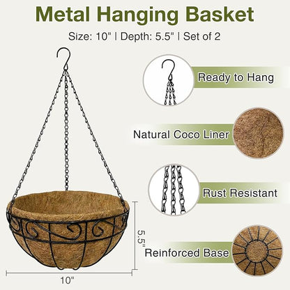 10 Inch Hanging Baskets for Plants Outdoor, 2 Pack Metal Wire Hanging Planters - Image 2