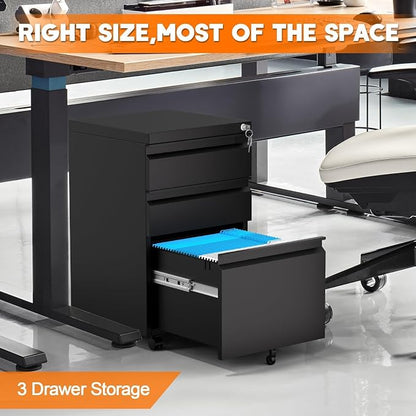 3 Drawer File Cabinet with Lock, Under Desk Metal Mobile Filing Cabinet with - Image 3