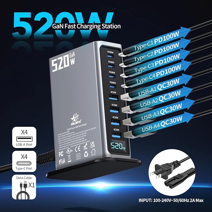 520W 8-Port USB-C Charging Station – 4×100W PD + 4×30W | Fast charger block - Image 2