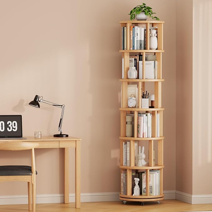 Solid Wood Rotating Bookshelf on Wheels, 6 Tier, Round Revolving Bookcase - Image 9