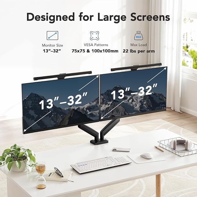 HUANUO Dual Monitor Mount, Mounts 2 Screens Up to 32 Inch, Holds 22 lbs per Arm - Image 2