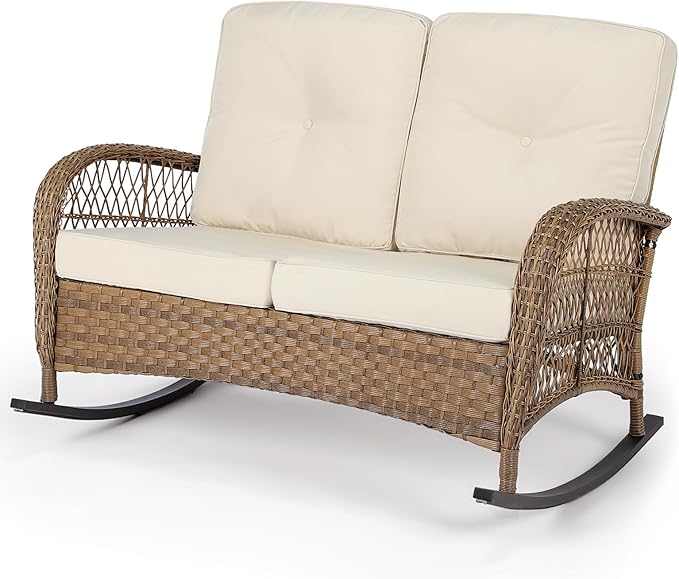 VIVIJASON Outdoor Wicker Loveseat Rocking Chair, 2-Person Patio Rattan Double by VIVIJASON