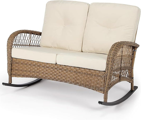 VIVIJASON Outdoor Wicker Loveseat Rocking Chair, 2-Person Patio Rattan Double by VIVIJASON
