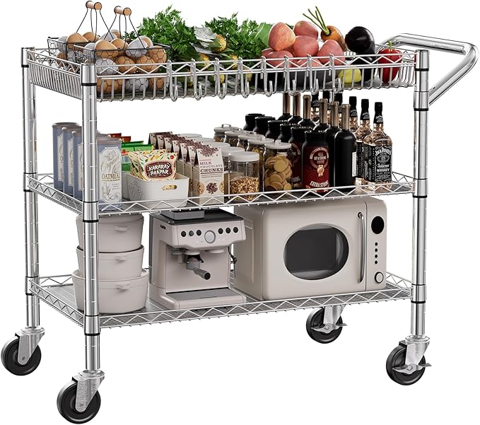 NTE Utility Cart with Wheels, 990lbs Capacity Metal 3 Tier Rolling Carts - Image 2