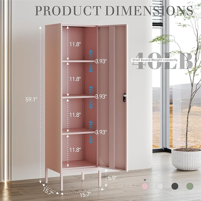 Pink Metal Locker Cabinet, 59.1" Lockable Storage Locker - Image 3