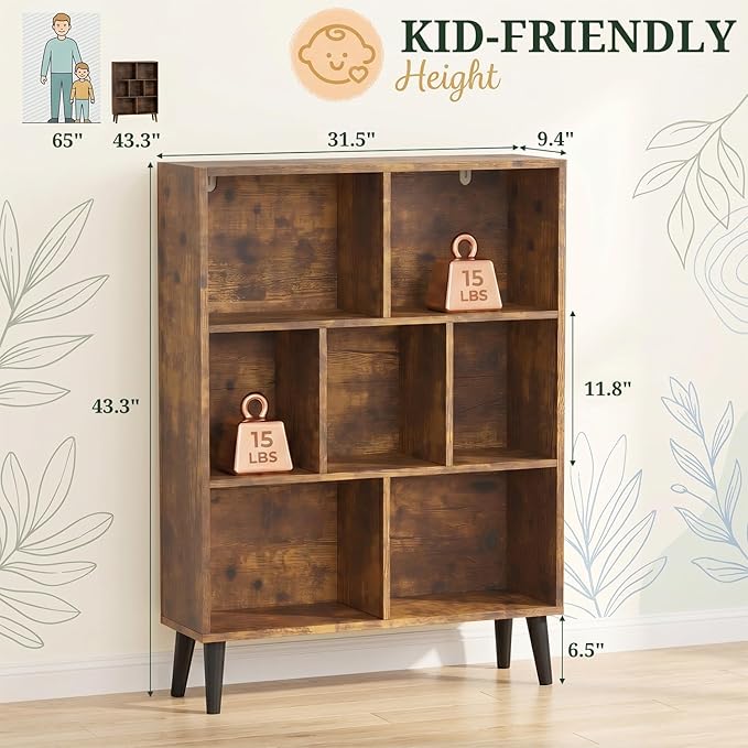 7 Cube Bookshelf, 3 Tier Mid-Century Modern Bookcase - Image 3