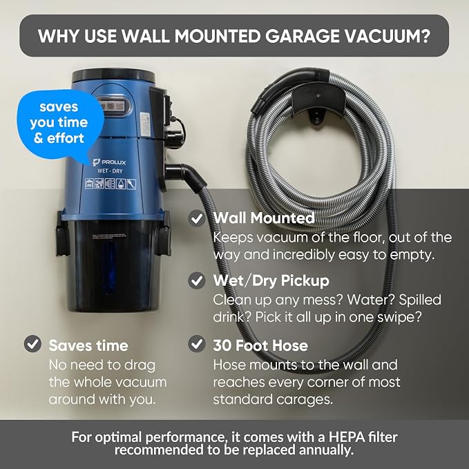 Prolux Professional Shop Blue Wall Mounted Garage Vac, Wet Dry Pick Up - Image 4