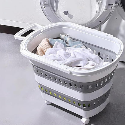 Folding Laundry Basket with Wheels Handle Collapsible Plastic Hamper 38L - Image 6