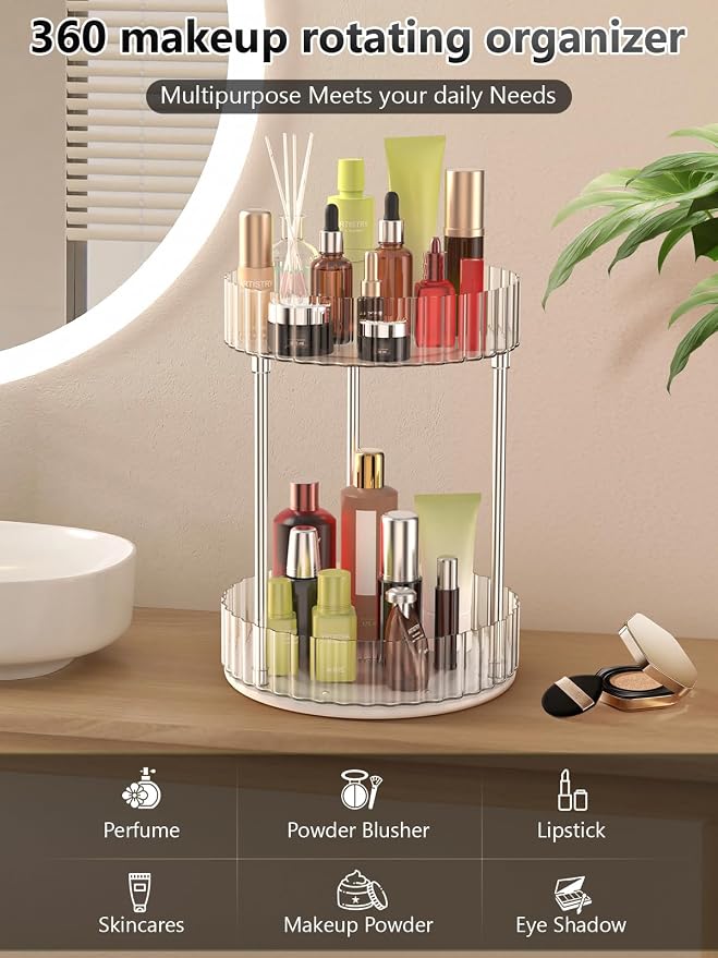 Makeup Organizer, 360° Rotating Makeup Organizer, 2-Tier Round Rotating - Image 7