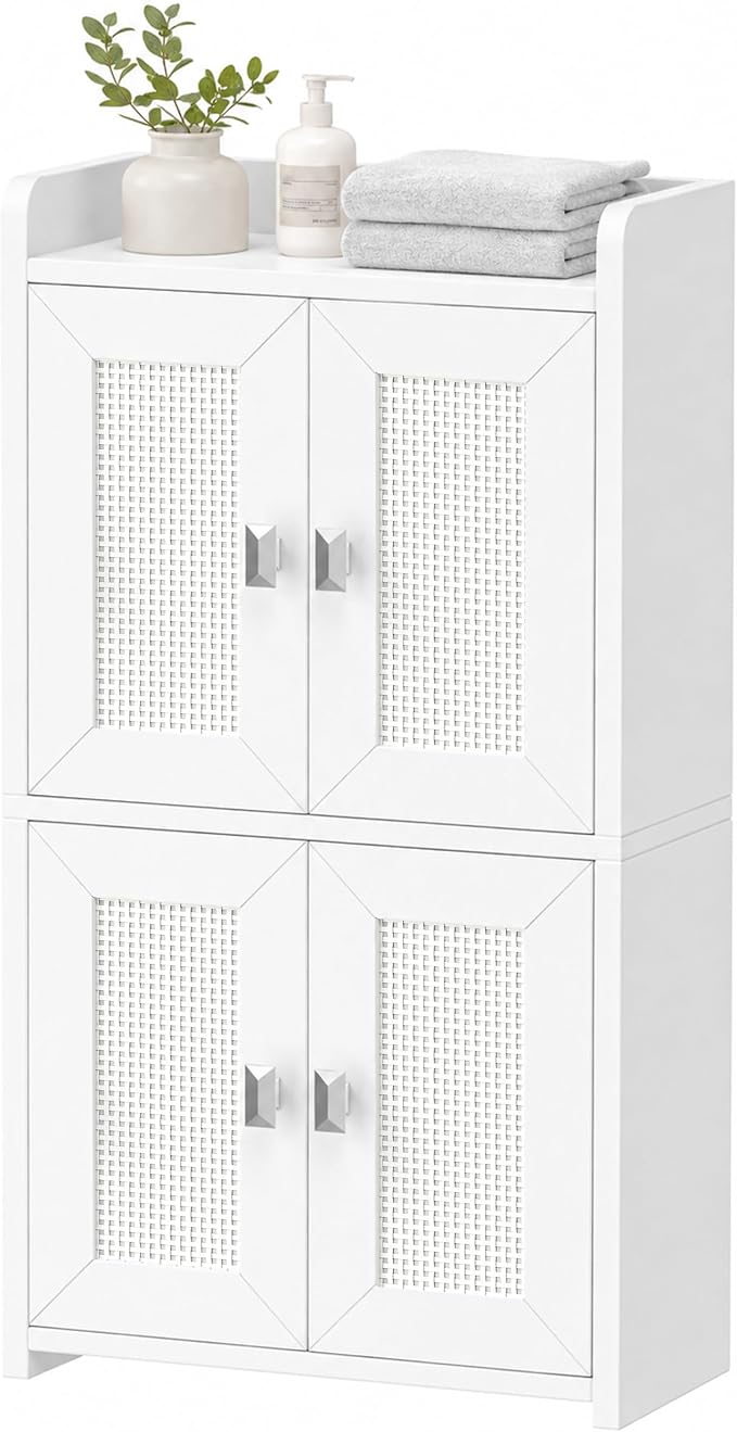 Akxomel 15" Rattan Small Bathroom Cabinet 4 Doors Adjustable Shelf White | by Akxomel