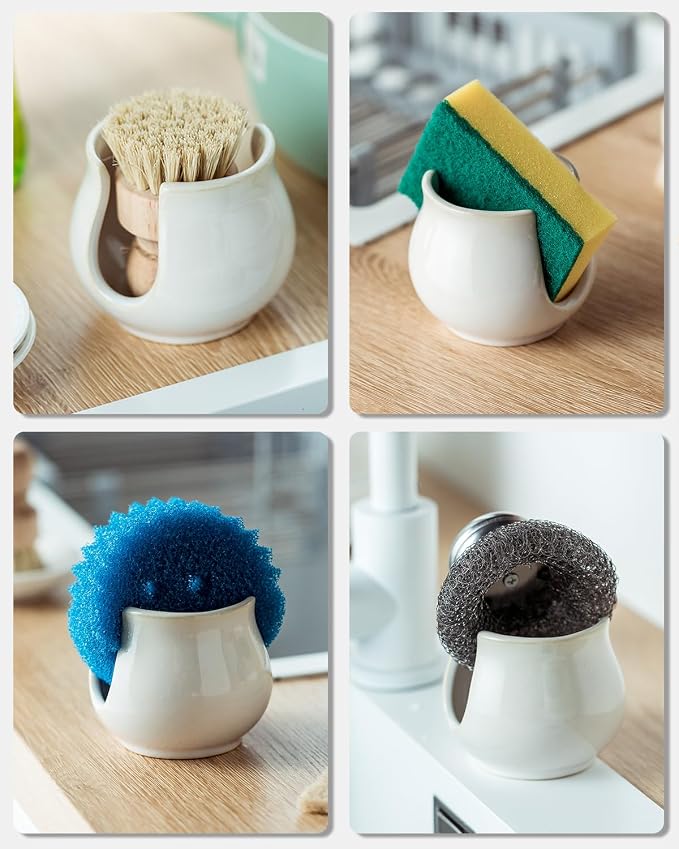 Sponge Holder for Kitchen Sink Counter, Ceramic Dish Sponge Caddy White Sink - Image 5