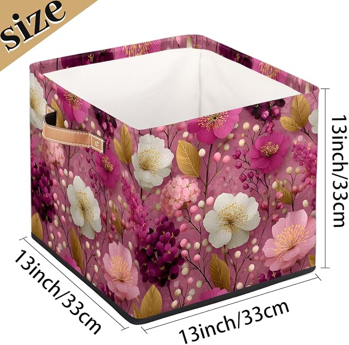 TropicalLife 13x13x13 Inch Large Fabric Storage Cube Pink Floral Print Foldable - Image 4