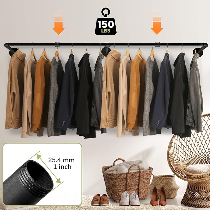 Industrial Pipe Clothing Rack, 66.1" Wall Mounted Clothes Rack Set of 2 - Image 4