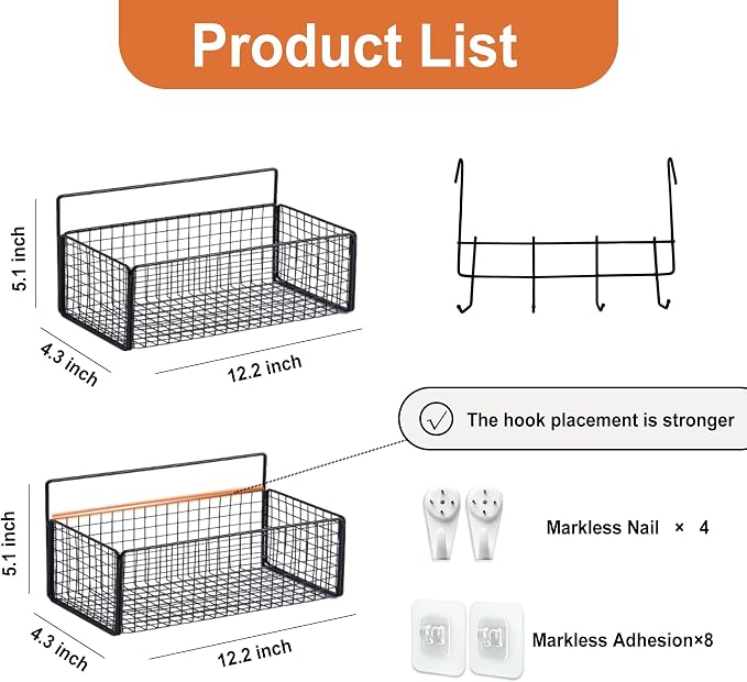 2-Pack Metal Hanging Baskets Black Adhesive Wire Wall Storage Organizer | - Image 2