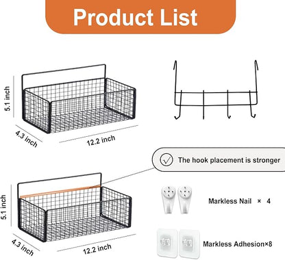 2-Pack Metal Hanging Baskets Black Adhesive Wire Wall Storage Organizer | - Image 2