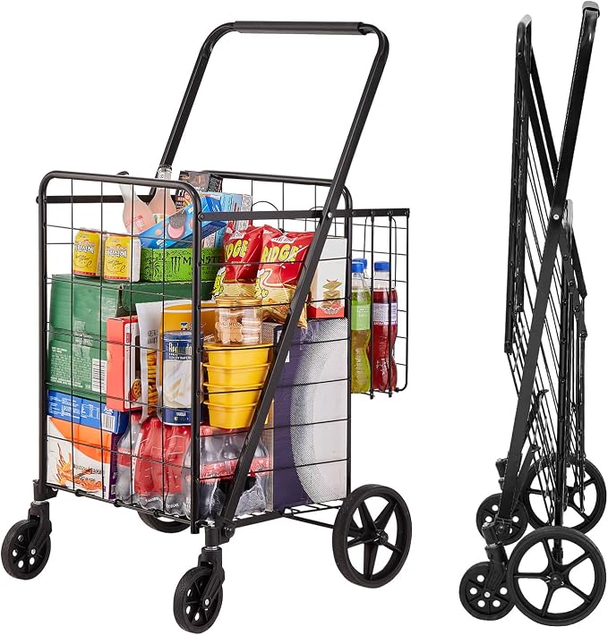 VEVOR Folding Shopping Cart, Double Baskets, 360° Swivel Wheels, 110 LBS Large by VEVOR