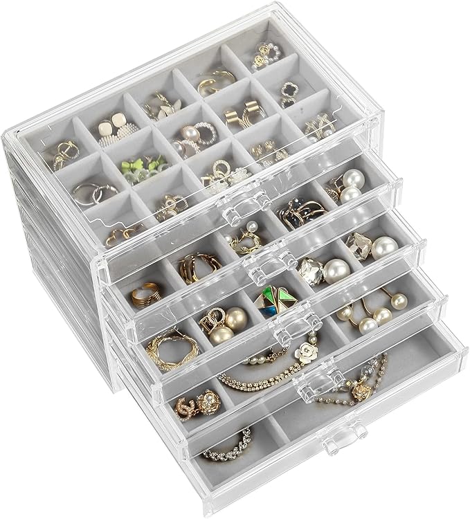 5 Drawers Clear Jewelry Box for Women and Girls, Acrylic Earring Holder by GUOER