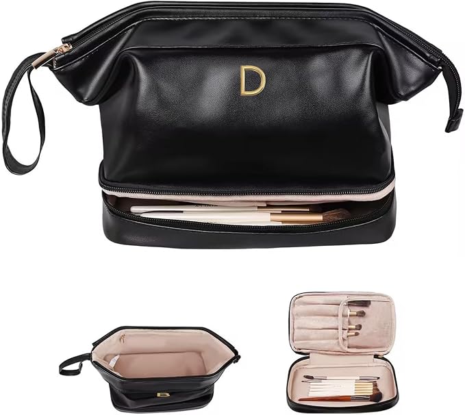 Wedding Gift Initial Makeup Bag, Personalized Double Layer Cosmetic Bag by Vogewood