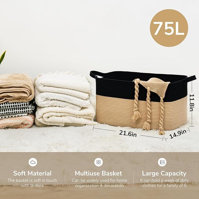 Goodpick Large Woven Storage Basket, 21.6" x 14.9" x 11.8" Rectangle Cotton - Image 3