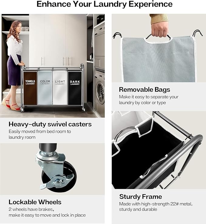 ROMOON Laundry Hamper Sorter Cart: 4-Section Organizer - Image 5