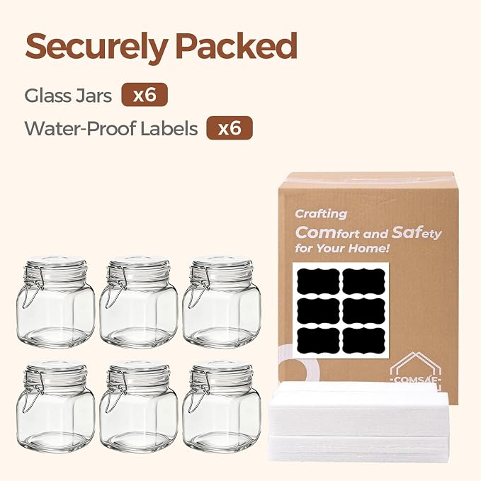 ComSaf 6-Pack 27oz Square Glass Pantry Canisters, Aesthetic Food Storage Jars - Image 8