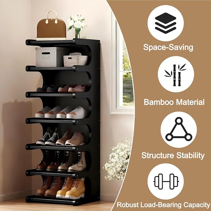 7-Tier Bamboo Shoe Rack, Vertical Narrow Shoe Rack - Image 3