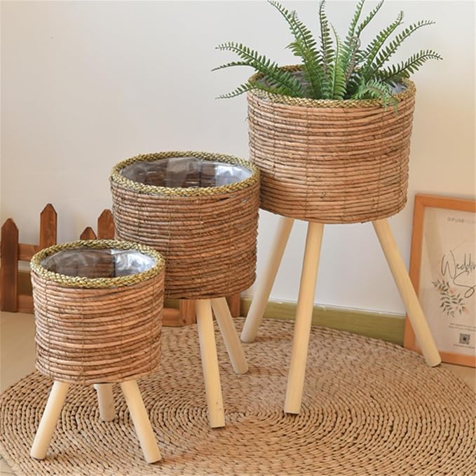 Rattan Indoor Plant Stand Straw Woven Flowers Pots Holder Stool - Image 2