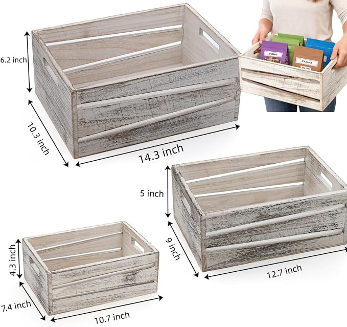 AVLA 3 Pack Wooden Storage Crates, Rustic Nesting Container Bin - Image 2