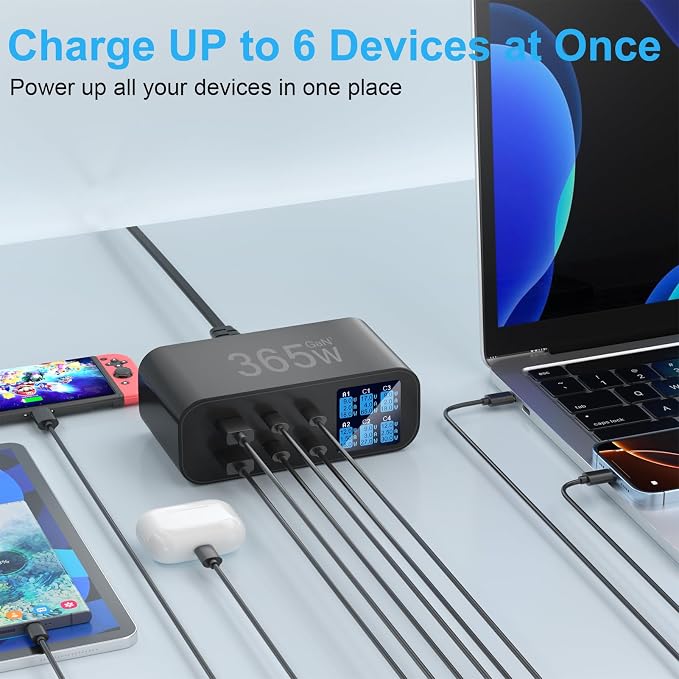 USB C Charger 6-Port with LED Display Adjustable Brightness, USB Charging - Image 3