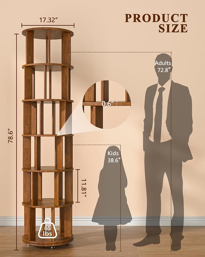 6 Tier Solid Wood Rotating Bookshelf on Wheels, 360° Spinning Book Shelf Tower - Image 2