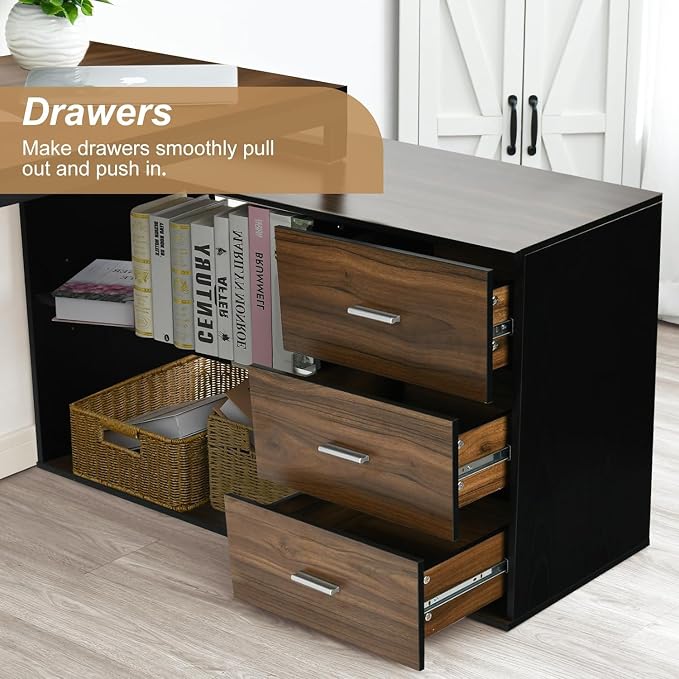 55 Inch L Shaped with Storage Shelves, Corner Computer Desk with Drawers - Image 6
