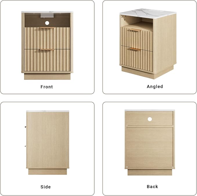 Fluted Night Stand with Charging Station, 2 Drawers End Table with Storage - Image 8